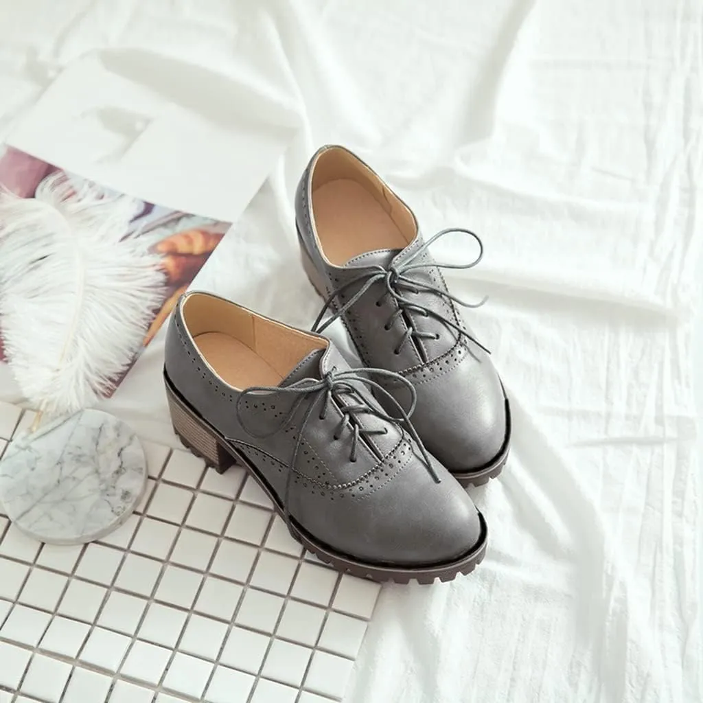 MIOKE Women's Casual Lace Up Pump Oxfords Round Toe Suede Platform Chunky Mid Heel Vintage Dress Shoes