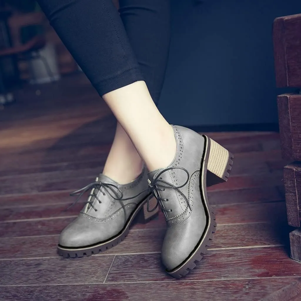 MIOKE Women's Casual Lace Up Pump Oxfords Round Toe Suede Platform Chunky Mid Heel Vintage Dress Shoes