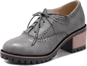 MIOKE Women's Casual Lace Up Pump Oxfords Round Toe Suede Platform Chunky Mid Heel Vintage Dress Shoes