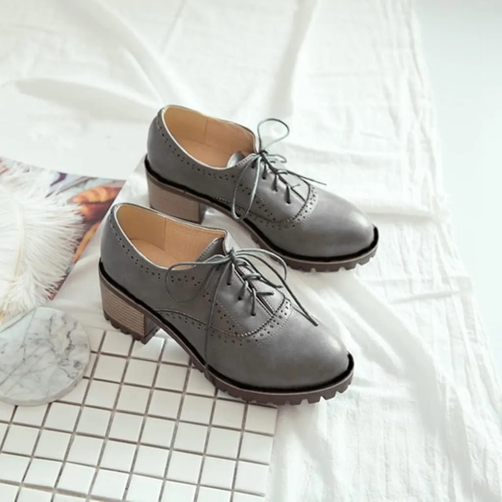 MIOKE Women's Casual Lace Up Pump Oxfords Round Toe Suede Platform Chunky Mid Heel Vintage Dress Shoes