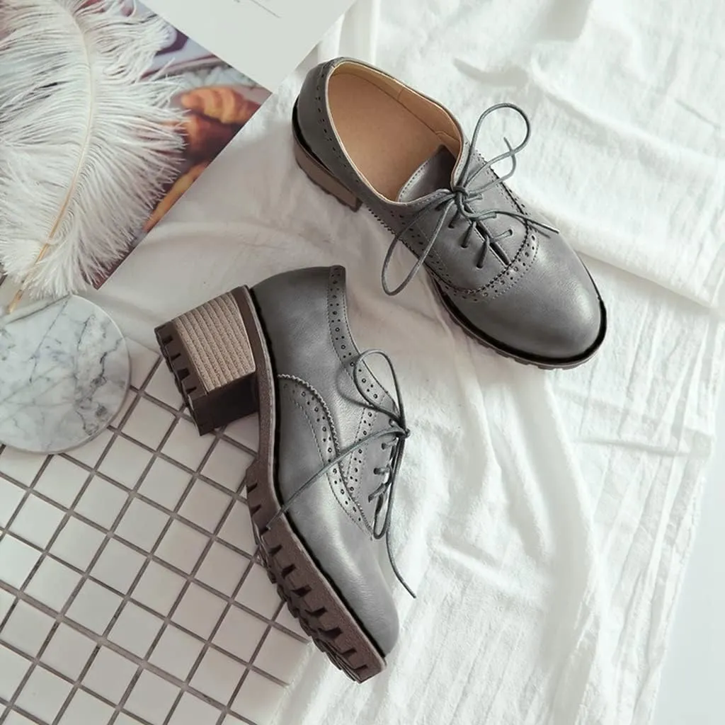MIOKE Women's Casual Lace Up Pump Oxfords Round Toe Suede Platform Chunky Mid Heel Vintage Dress Shoes