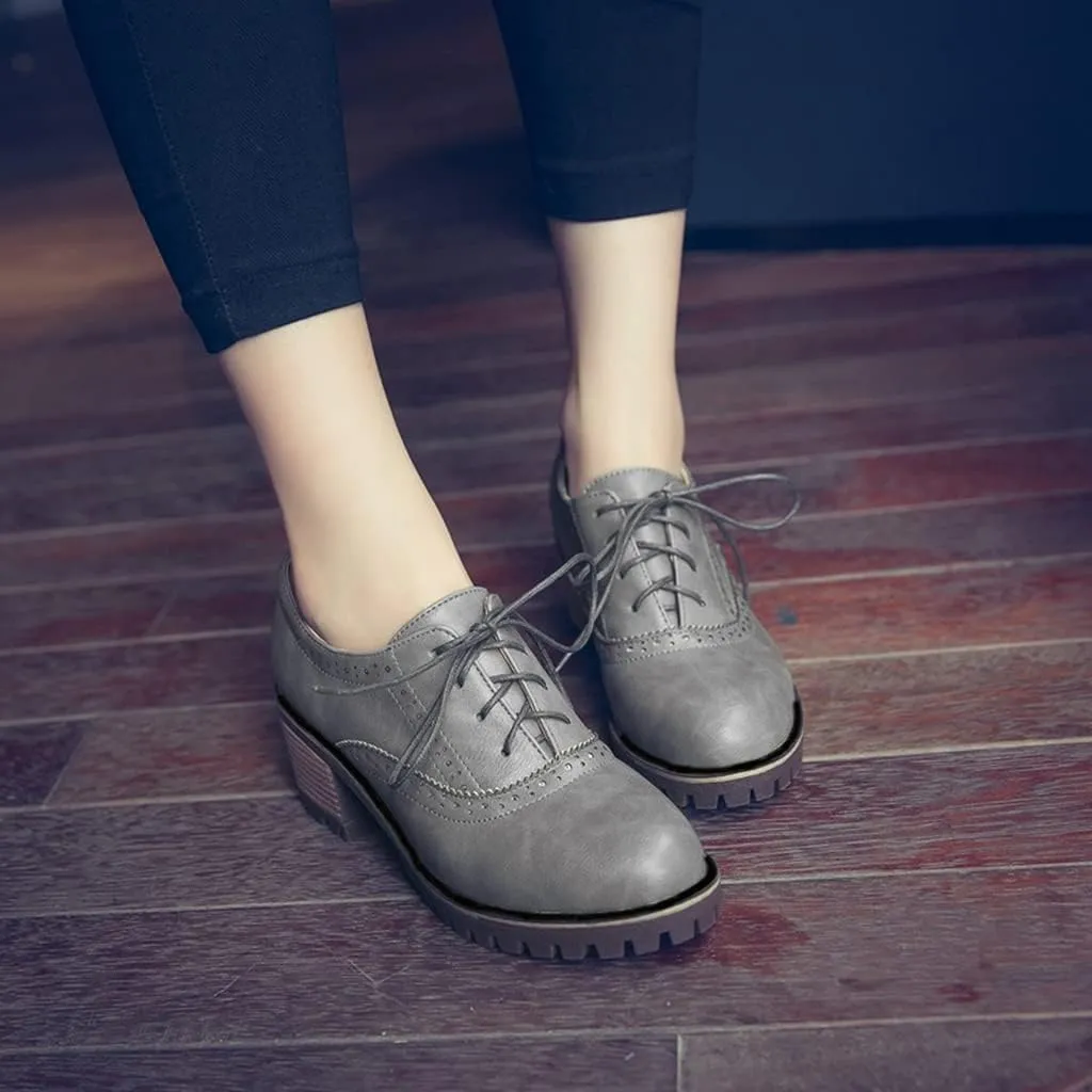 MIOKE Women's Casual Lace Up Pump Oxfords Round Toe Suede Platform Chunky Mid Heel Vintage Dress Shoes