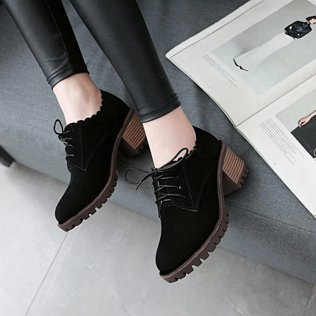MIOKE Women's Casual Platform Lace Up Pump Oxfords Round Toe Suede Chunky High Heel Vintage Dress Shoes