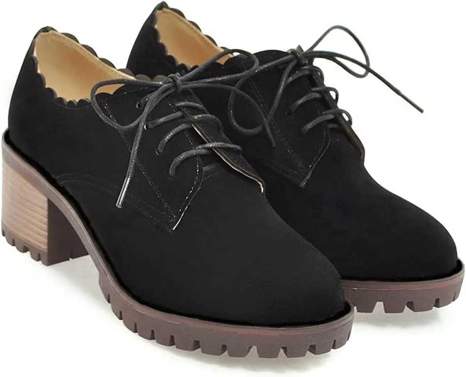 MIOKE Women's Casual Platform Lace Up Pump Oxfords Round Toe Suede Chunky High Heel Vintage Dress Shoes