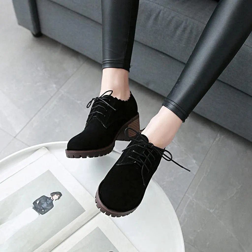 MIOKE Women's Casual Platform Lace Up Pump Oxfords Round Toe Suede Chunky High Heel Vintage Dress Shoes