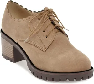 MIOKE Women's Casual Platform Lace Up Pump Oxfords Round Toe Suede Chunky High Heel Vintage Dress Shoes