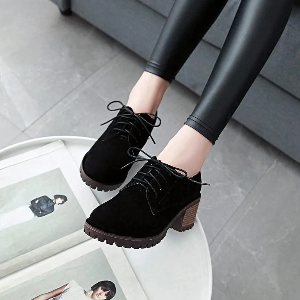 MIOKE Women's Casual Platform Lace Up Pump Oxfords Round Toe Suede Chunky High Heel Vintage Dress Shoes