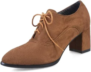 MIOKE Women's Pointed Toe Lace Up Pump Oxfords Vintage Suede Chunky Block Mid Heel Brogue Office Dress Shoes