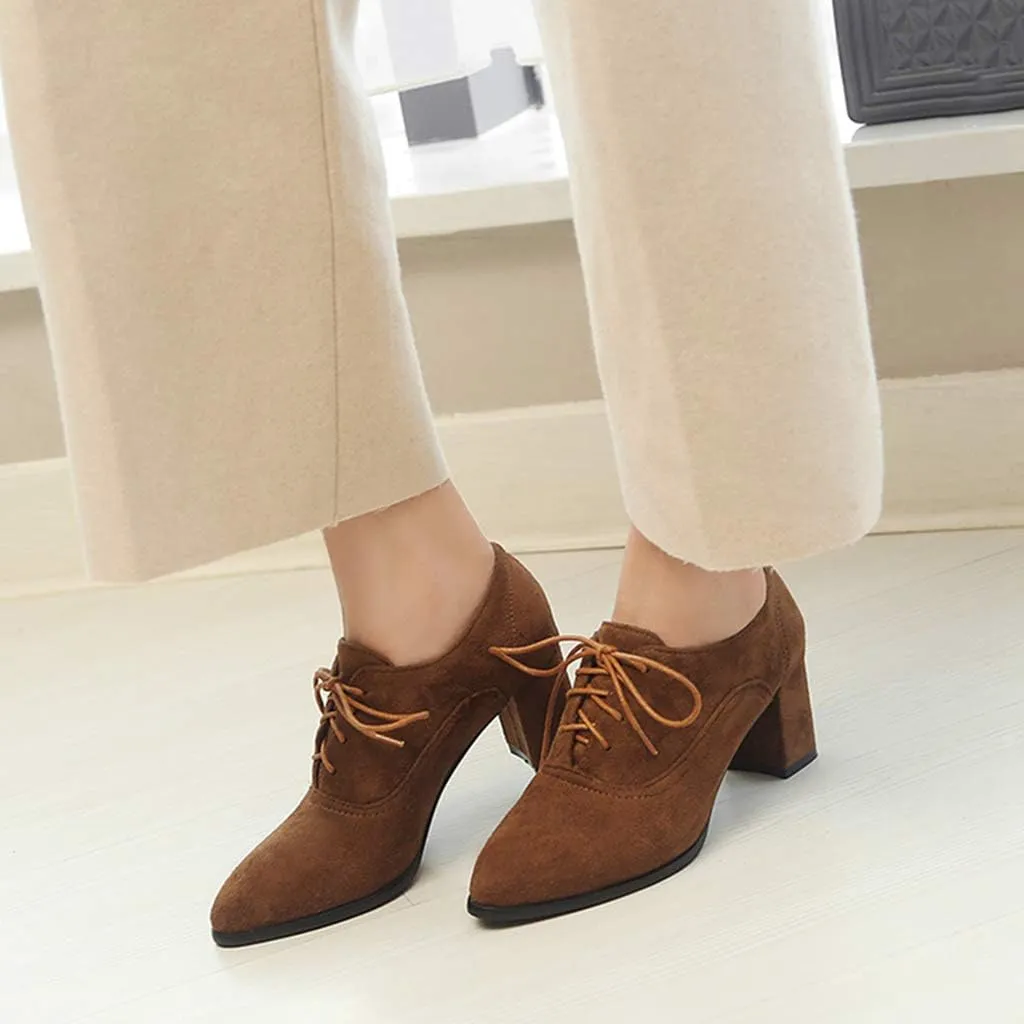 MIOKE Women's Pointed Toe Lace Up Pump Oxfords Vintage Suede Chunky Block Mid Heel Brogue Office Dress Shoes