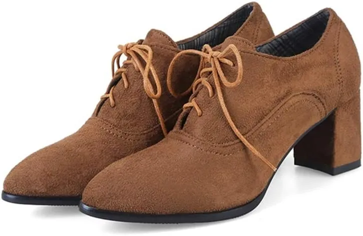 MIOKE Women's Pointed Toe Lace Up Pump Oxfords Vintage Suede Chunky Block Mid Heel Brogue Office Dress Shoes