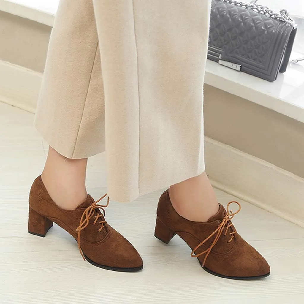 MIOKE Women's Pointed Toe Lace Up Pump Oxfords Vintage Suede Chunky Block Mid Heel Brogue Office Dress Shoes