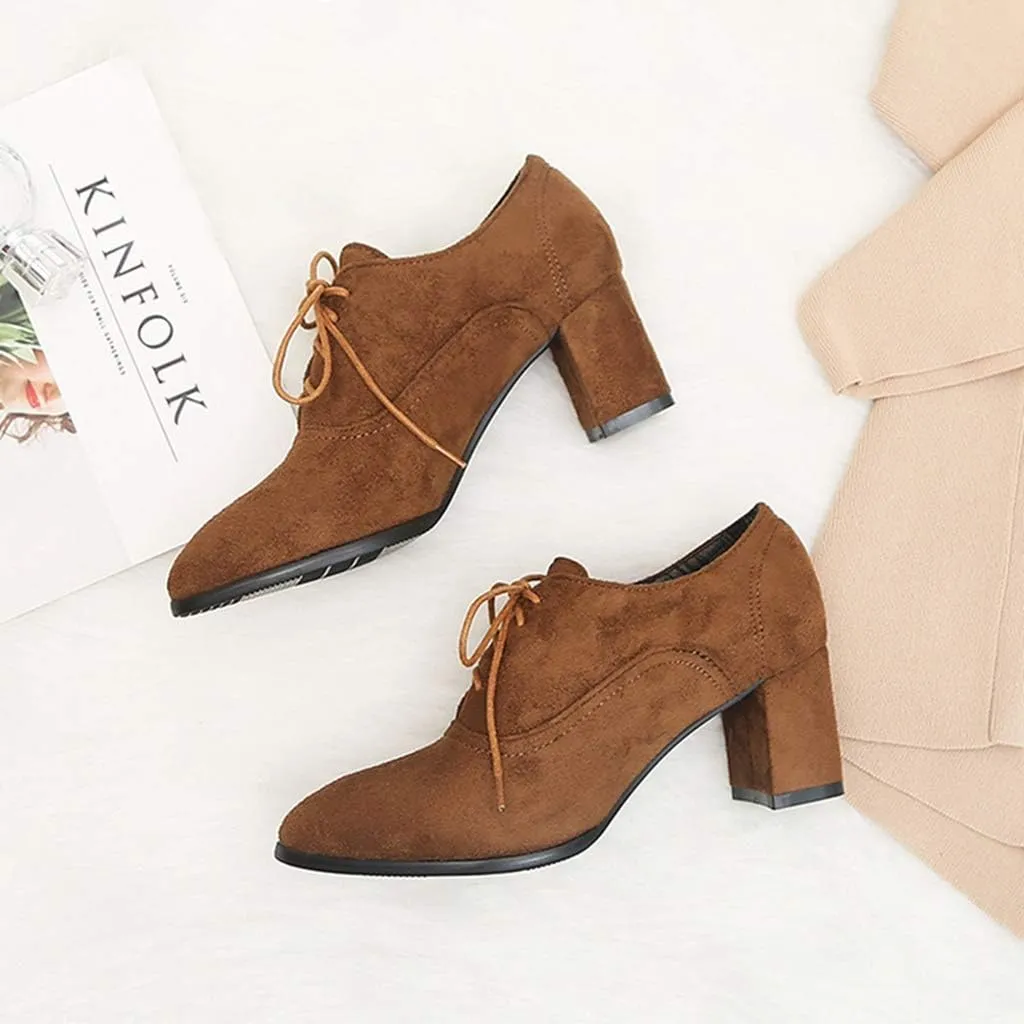 MIOKE Women's Pointed Toe Lace Up Pump Oxfords Vintage Suede Chunky Block Mid Heel Brogue Office Dress Shoes