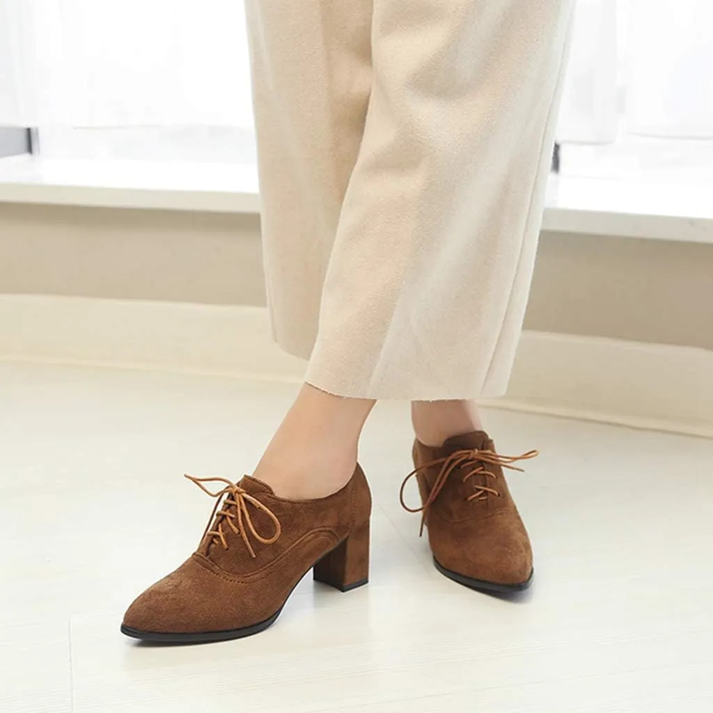 MIOKE Women's Pointed Toe Lace Up Pump Oxfords Vintage Suede Chunky Block Mid Heel Brogue Office Dress Shoes