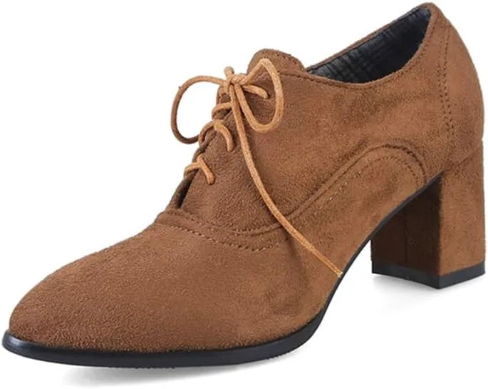 MIOKE Women's Pointed Toe Lace Up Pump Oxfords Vintage Suede Chunky Block Mid Heel Brogue Office Dress Shoes