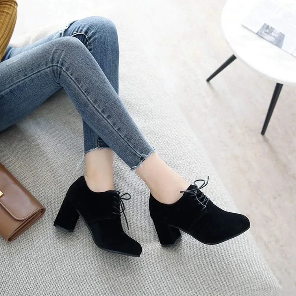 MIOKE Women's Round Toe Lace Up Pump Oxfords Vegan Suede Chunky Block Mid Heel Vintage Office Dress Shoes