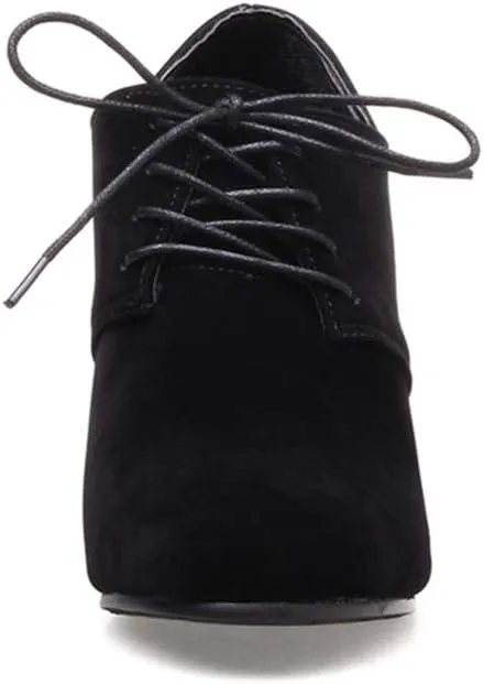 MIOKE Women's Round Toe Lace Up Pump Oxfords Vegan Suede Chunky Block Mid Heel Vintage Office Dress Shoes
