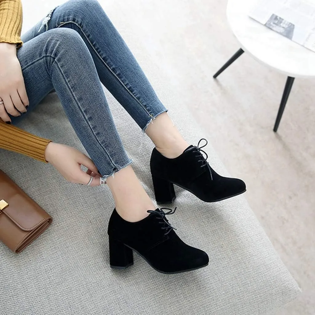 MIOKE Women's Round Toe Lace Up Pump Oxfords Vegan Suede Chunky Block Mid Heel Vintage Office Dress Shoes