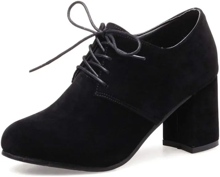 MIOKE Women's Round Toe Lace Up Pump Oxfords Vegan Suede Chunky Block Mid Heel Vintage Office Dress Shoes