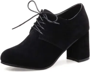 MIOKE Women's Round Toe Lace Up Pump Oxfords Vegan Suede Chunky Block Mid Heel Vintage Office Dress Shoes