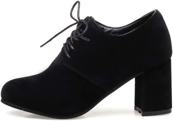 MIOKE Women's Round Toe Lace Up Pump Oxfords Vegan Suede Chunky Block Mid Heel Vintage Office Dress Shoes
