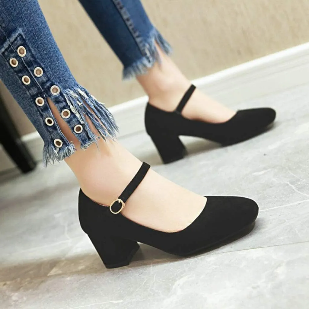 MIOKE Women's Square Toe Mary Jane Pumps Suede Buckle Strap Slip On Chunky Block Mid Heel Retro Dress Shoes