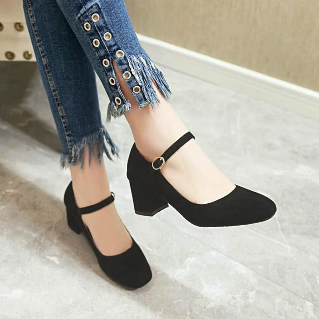 MIOKE Women's Square Toe Mary Jane Pumps Suede Buckle Strap Slip On Chunky Block Mid Heel Retro Dress Shoes