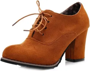 MIOKE Women's Suede Lace Up Half Ankle Bootie Round Toe Chunky Block Heel Oxford Shoes Dress Short Boots
