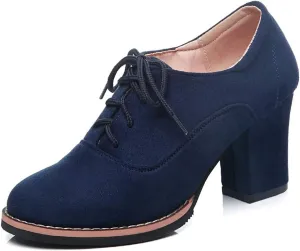 MIOKE Women's Suede Lace Up Half Ankle Bootie Round Toe Chunky Block Heel Oxford Shoes Dress Short Boots