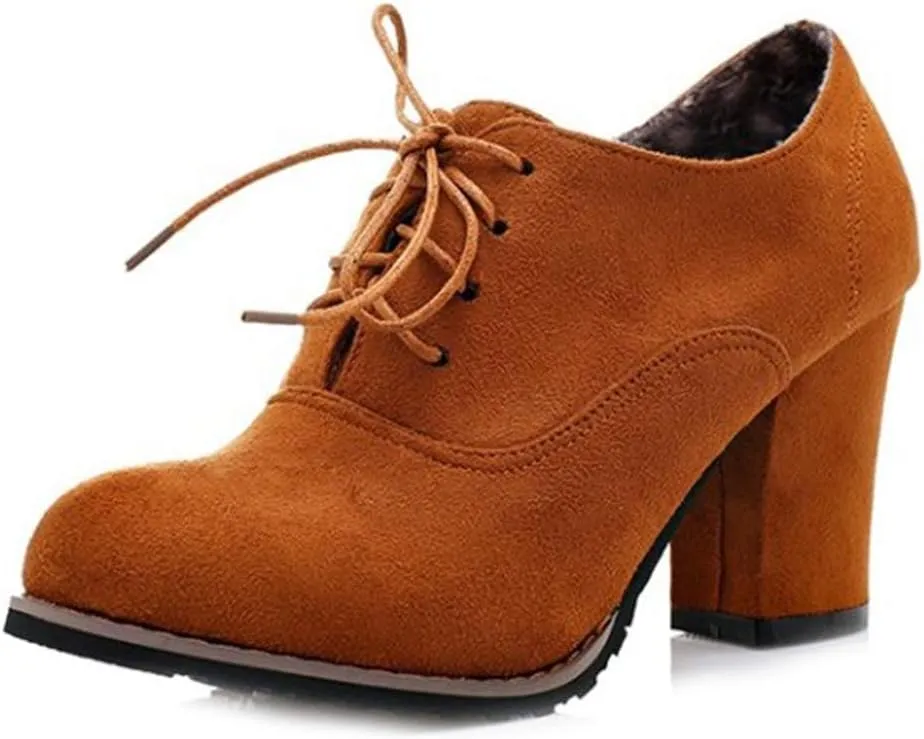 MIOKE Women's Suede Lace Up Half Ankle Bootie Round Toe Chunky Block Heel Oxford Shoes Dress Short Boots