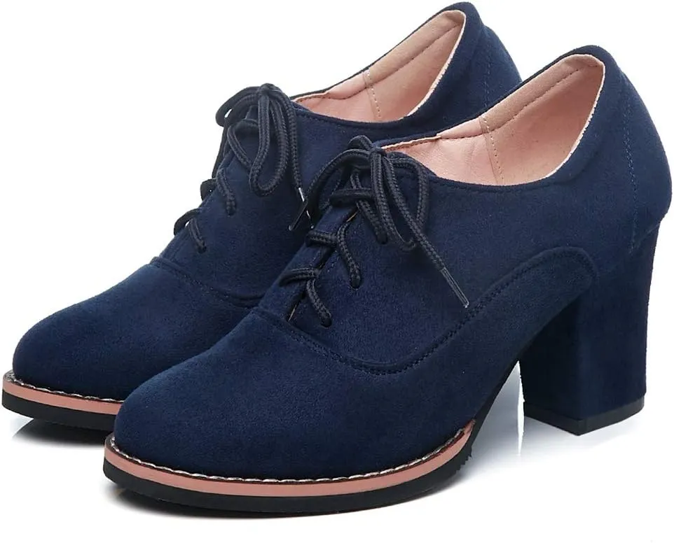MIOKE Women's Suede Lace Up Half Ankle Bootie Round Toe Chunky Block Heel Oxford Shoes Dress Short Boots