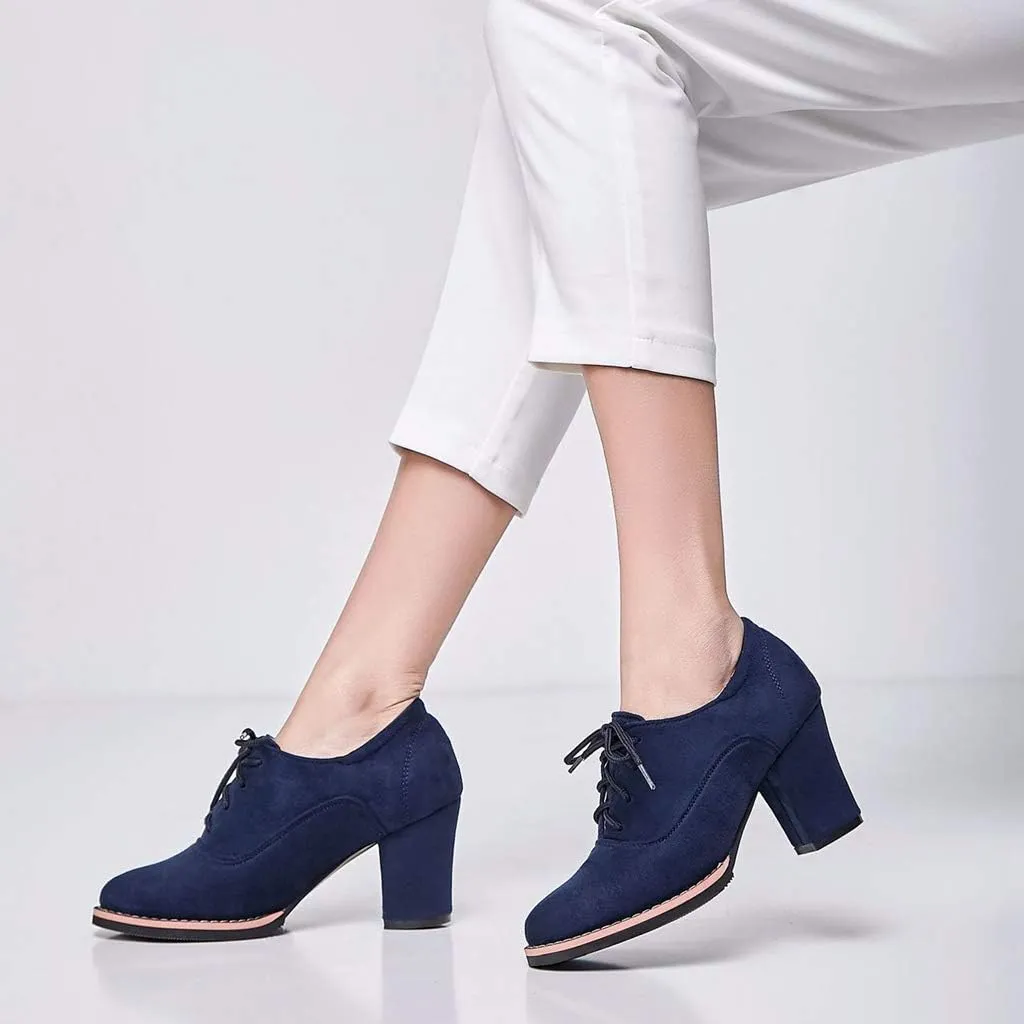MIOKE Women's Suede Lace Up Half Ankle Bootie Round Toe Chunky Block Heel Oxford Shoes Dress Short Boots