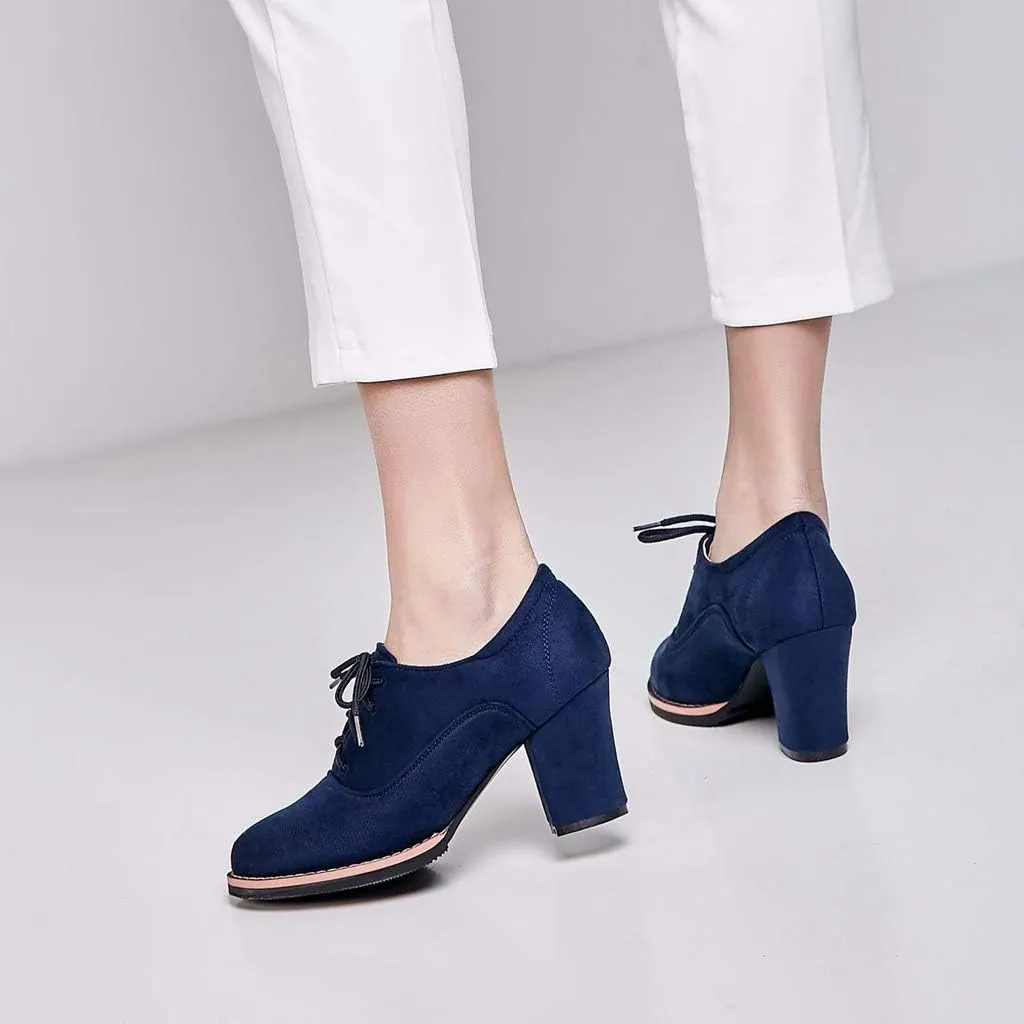 MIOKE Women's Suede Lace Up Half Ankle Bootie Round Toe Chunky Block Heel Oxford Shoes Dress Short Boots