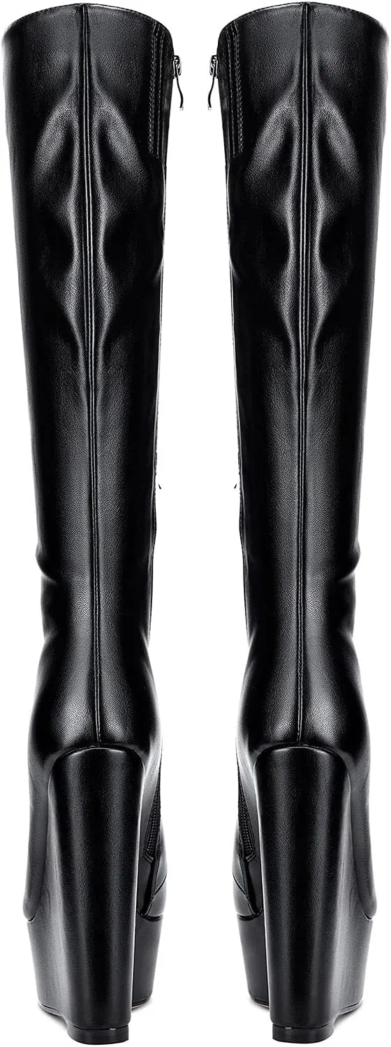 NobleOnly Women's High Heels Platform Wedge Mid Calf Boots Round Toe Lace Up Boot with Zipper Basic Office Boot 6" Heel Shoes