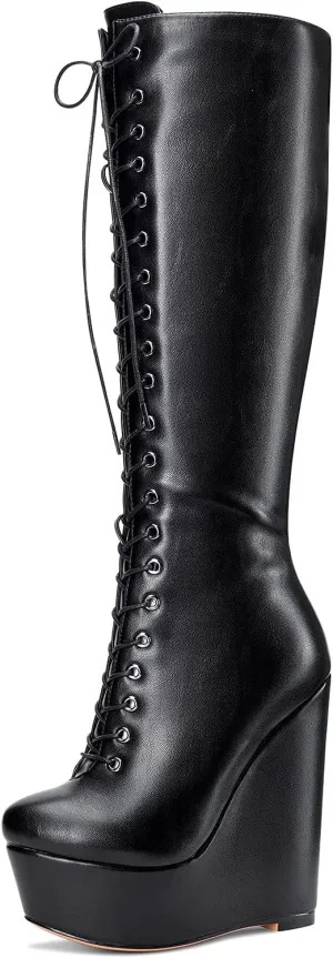 NobleOnly Women's High Heels Platform Wedge Mid Calf Boots Round Toe Lace Up Boot with Zipper Basic Office Boot 6" Heel Shoes