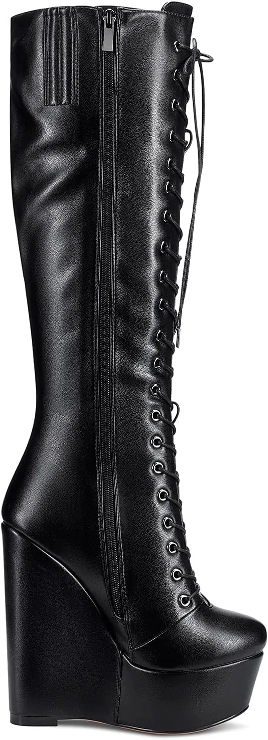 NobleOnly Women's High Heels Platform Wedge Mid Calf Boots Round Toe Lace Up Boot with Zipper Basic Office Boot 6" Heel Shoes