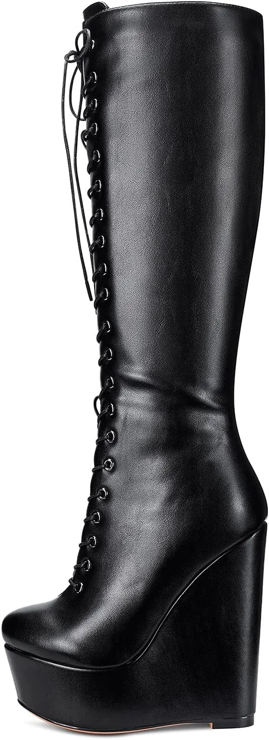 NobleOnly Women's High Heels Platform Wedge Mid Calf Boots Round Toe Lace Up Boot with Zipper Basic Office Boot 6" Heel Shoes