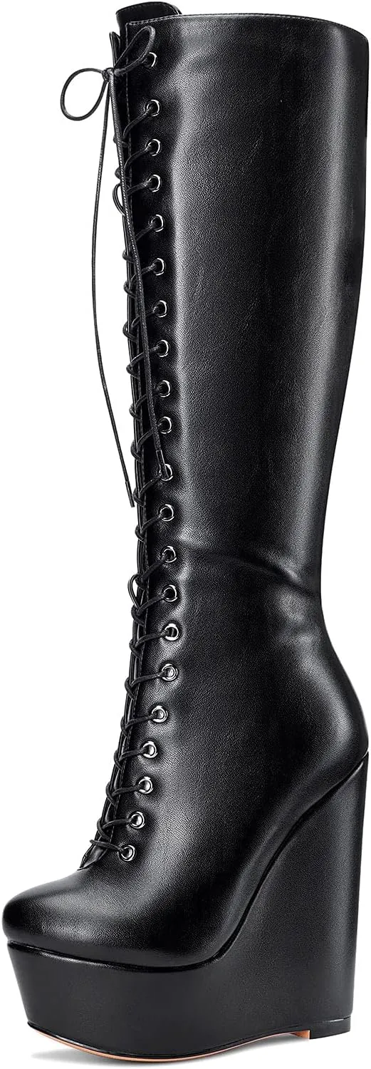 NobleOnly Women's High Heels Platform Wedge Mid Calf Boots Round Toe Lace Up Boot with Zipper Basic Office Boot 6" Heel Shoes