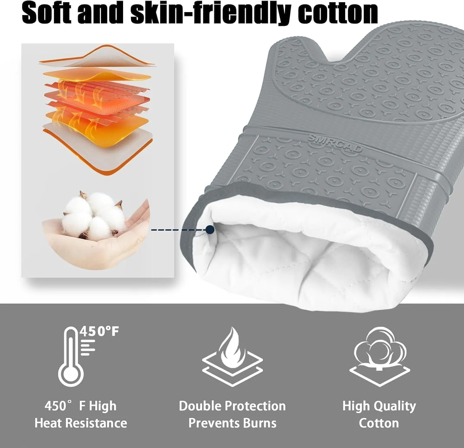 Oven Mitts with Heat-Resistant Hot Pads and Five Silicone Spatulas Designed for Kitchen Baking Cooking, Oven Glove Soft Cotton Lining, Waterproof, BPA-Free (GRYE, 12.6)