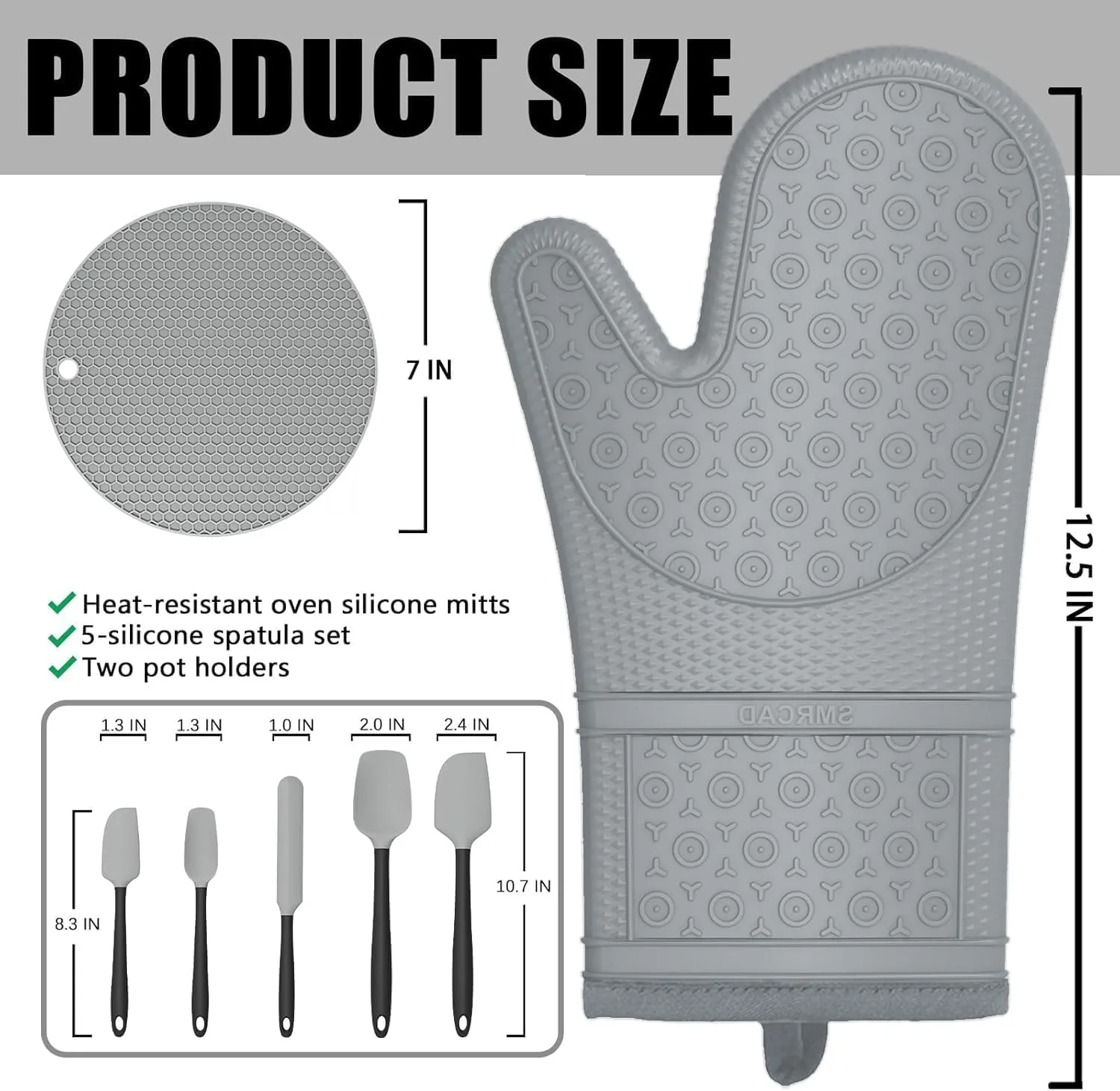 Oven Mitts with Heat-Resistant Hot Pads and Five Silicone Spatulas Designed for Kitchen Baking Cooking, Oven Glove Soft Cotton Lining, Waterproof, BPA-Free (GRYE, 12.6)