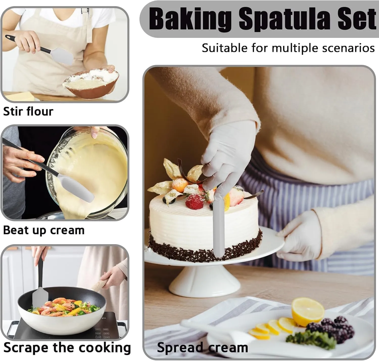 Oven Mitts with Heat-Resistant Hot Pads and Five Silicone Spatulas Designed for Kitchen Baking Cooking, Oven Glove Soft Cotton Lining, Waterproof, BPA-Free (GRYE, 12.6)