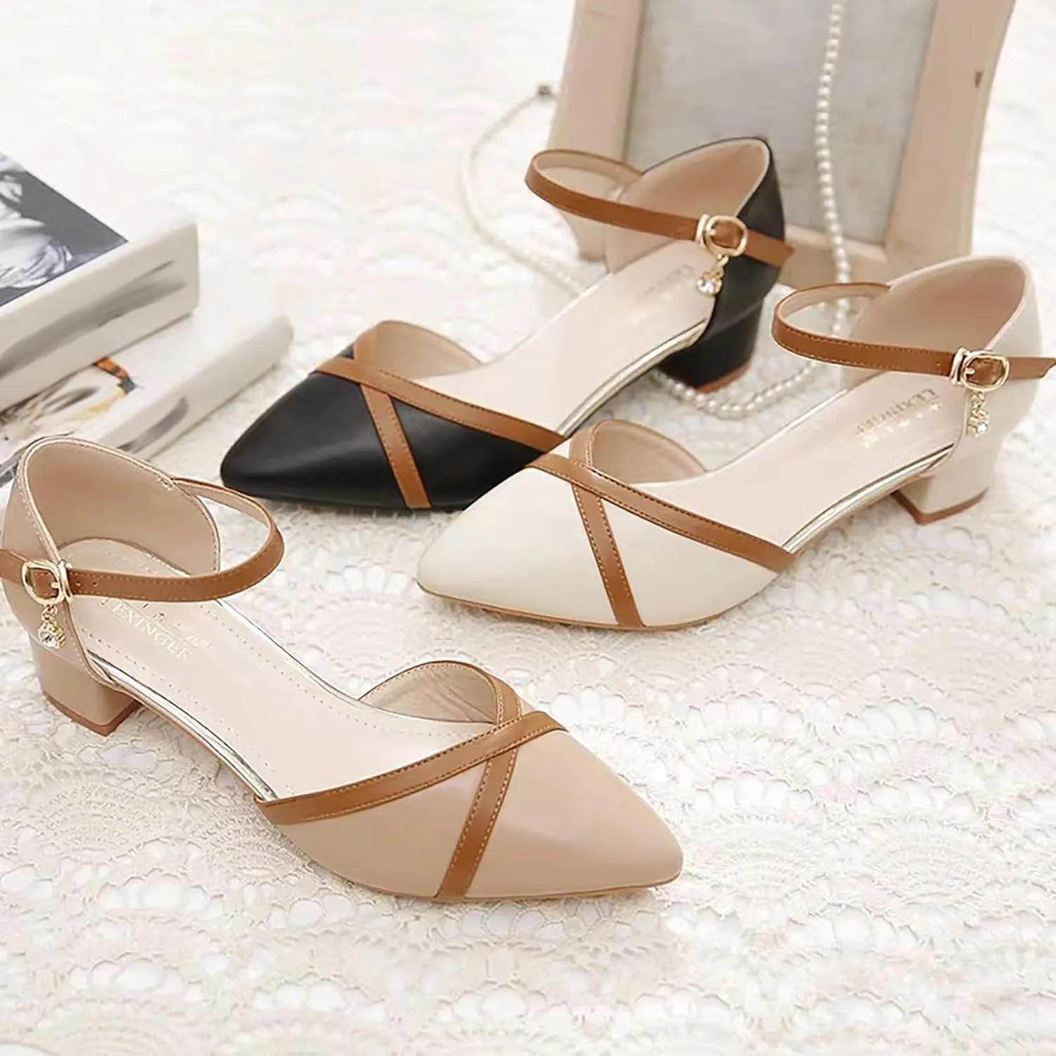 Package Head Sandals Female Spring And Summer Ladies New With Thick With Buckle In With Pointed Glitter High Heels