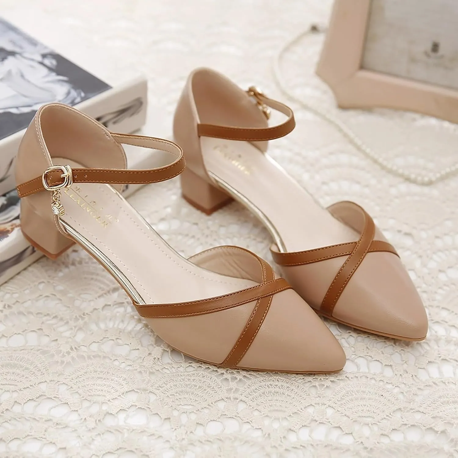 Package Head Sandals Female Spring And Summer Ladies New With Thick With Buckle In With Pointed Glitter High Heels