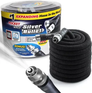 Pocket Hose Silver Bullet 75 ft Turbo Shot Nozzle Multiple Spray Patterns Expandable Garden Hose 3/4 in Solid Aluminum Fittings Lead-Free Lightweight and No-Kink