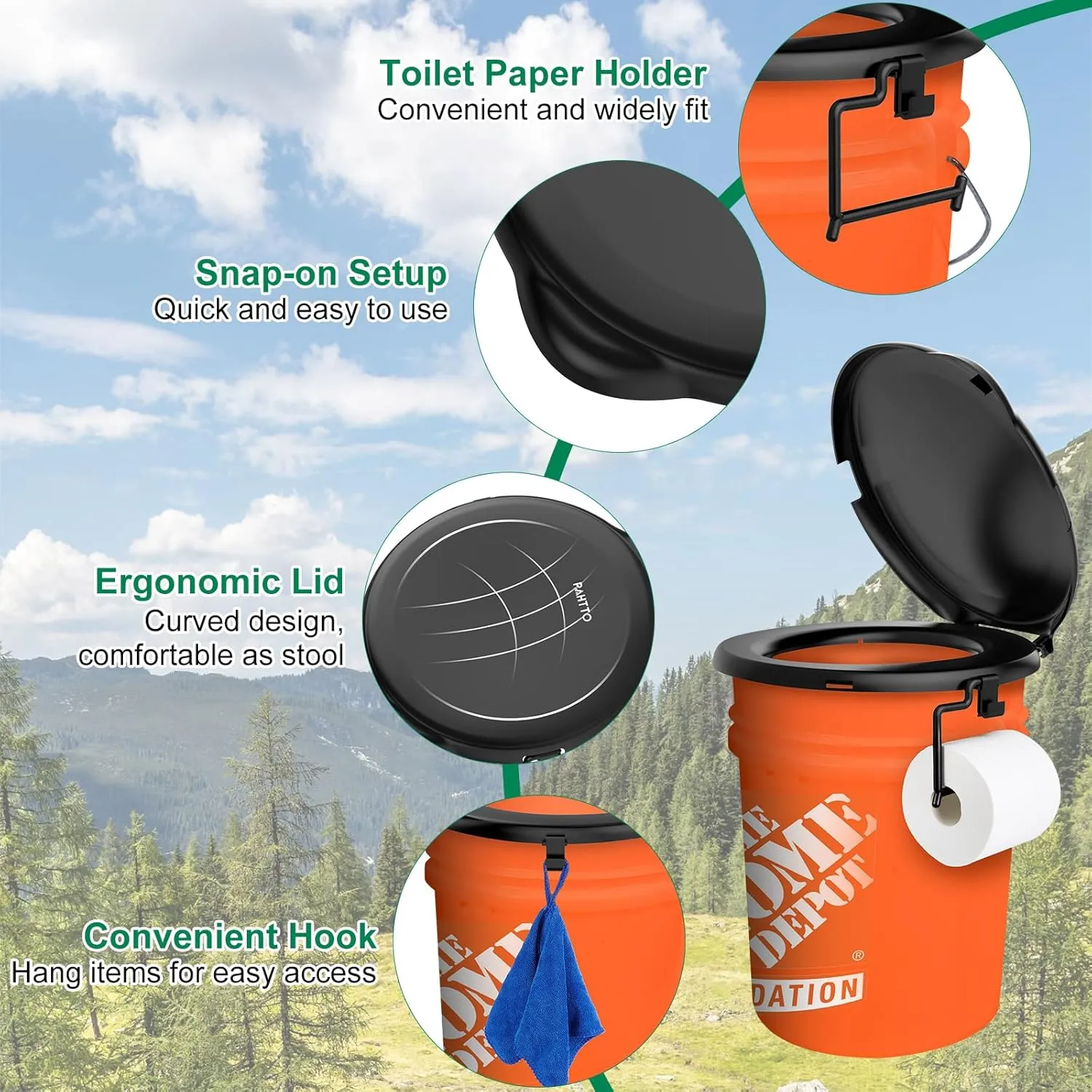 Portable Toilet Seat for 5 Gal Buckets, Camping Toilet with Lid for Adults, Snap-on Toilet Seat for Outdoor, Camping, Hiking, Emergency, Car, Boat (Black)