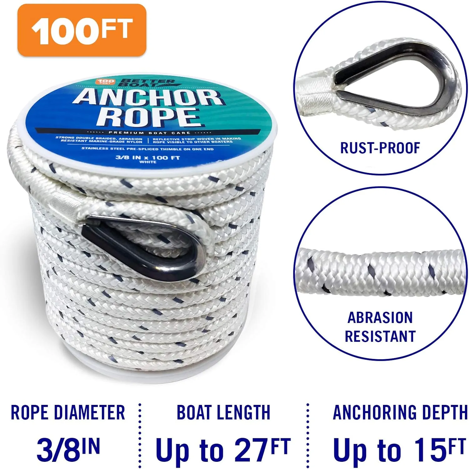 Premium Boat Anchor Rope, 100 Ft Double Braided White Nylon Marine Line, 3/8 Inch Reel for Anchors and Boats