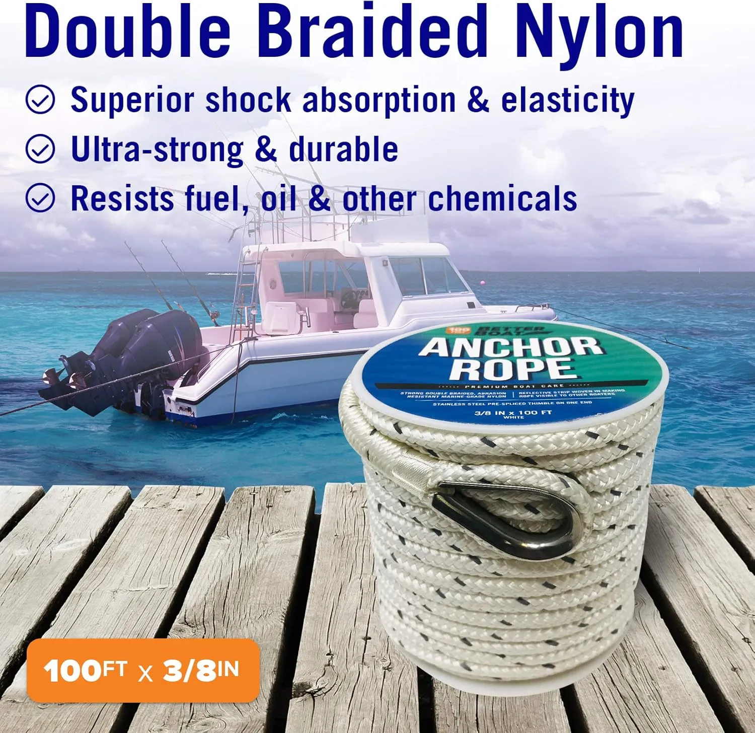 Premium Boat Anchor Rope, 100 Ft Double Braided White Nylon Marine Line, 3/8 Inch Reel for Anchors and Boats