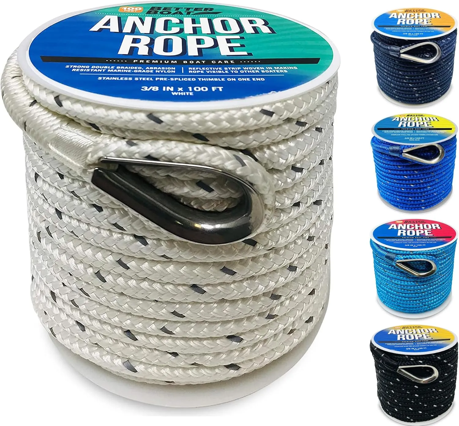 Premium Boat Anchor Rope, 100 Ft Double Braided White Nylon Marine Line, 3/8 Inch Reel for Anchors and Boats