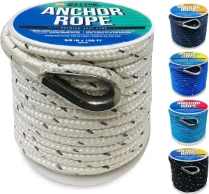 Premium Boat Anchor Rope, 100 Ft Double Braided White Nylon Marine Line, 3/8 Inch Reel for Anchors and Boats