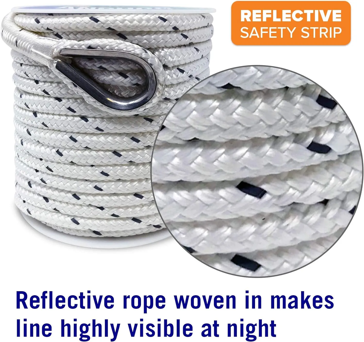 Premium Boat Anchor Rope, 100 Ft Double Braided White Nylon Marine Line, 3/8 Inch Reel for Anchors and Boats