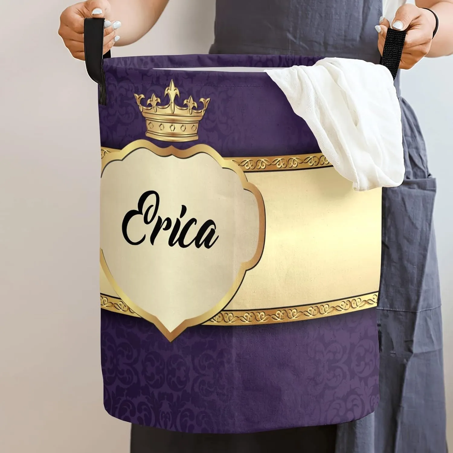 Purple Luxury Crown Personalized Waterproof Foldable Laundry Basket Bag with Handle, Custom Collapsible Clothes Hamper Storage Bin for Toys Laundry Dorm Travel Bathroom